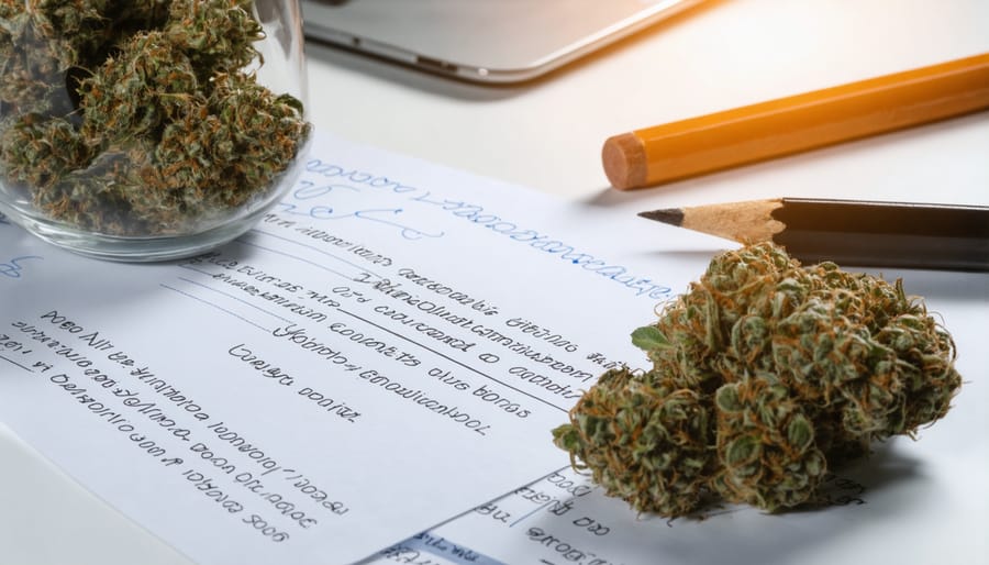 Education professional developing cannabis course curriculum at a desk with educational materials