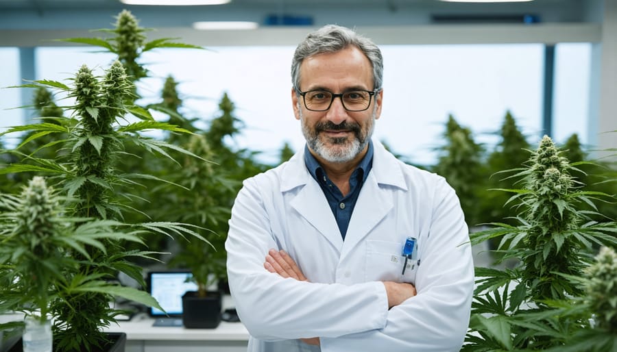 Professional educator explaining cannabis cultivation techniques to students in a specialized laboratory setting