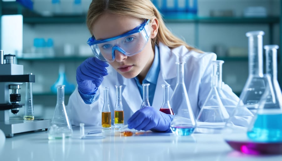 Laboratory scientist examining vape liquid samples using analytical equipment