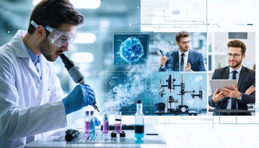 A collage showcasing diverse career opportunities in the vaping industry, including a scientist in a laboratory setting, a marketing professional in a meeting room, and a skills infographic, symbolizing the blend of scientific and business expertise.