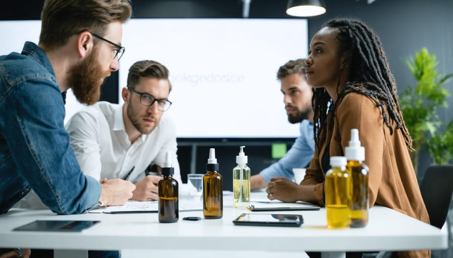 Business professionals reviewing vaping product marketing materials in a meeting